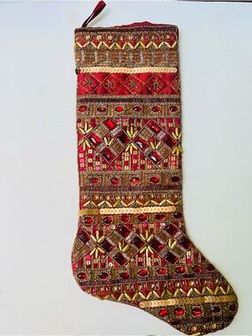 Kim Seybert Red Gold Hand Beaded Holiday Stocking